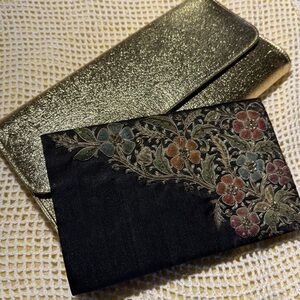 Vintage Lot of 2 Clutches Black Floral Embroidered Evening Clutch Purse Bag 60s